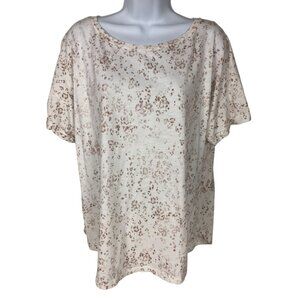 24/7 Top Women Size XXL White w Tan Brown Short Sleeves T shirt Round Neckline